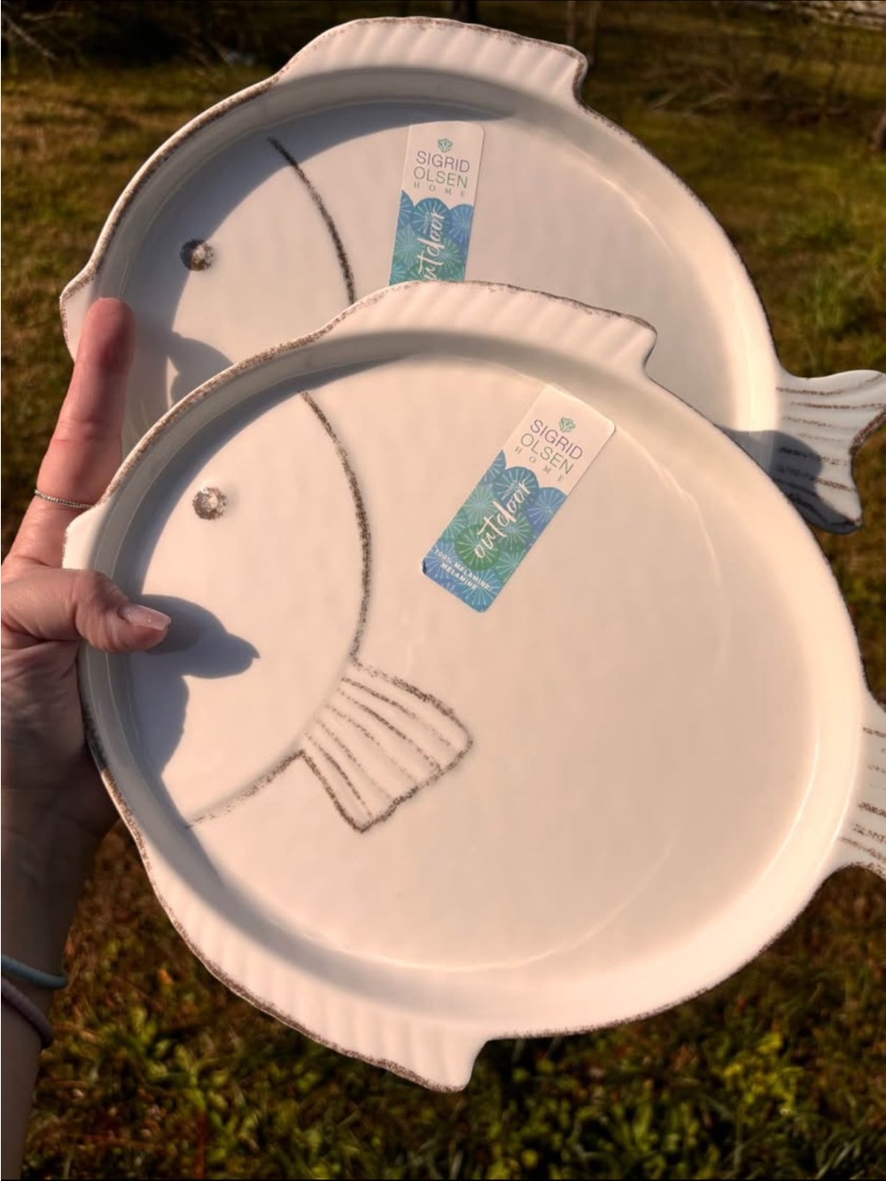 Sigrid Olsen Cream Ceramic Fish Serving Platter with Gray Detailing